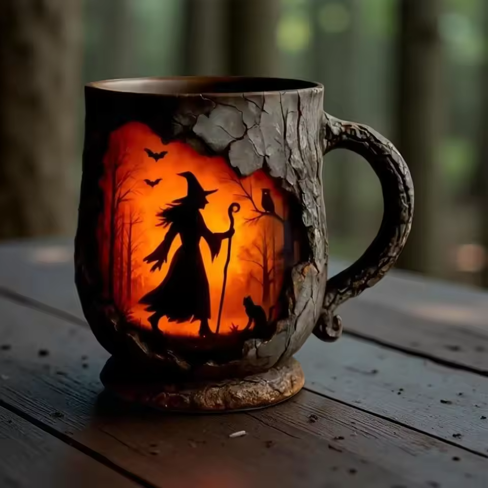 Taza 3D hecha a mano – Diseño de bruja y gato